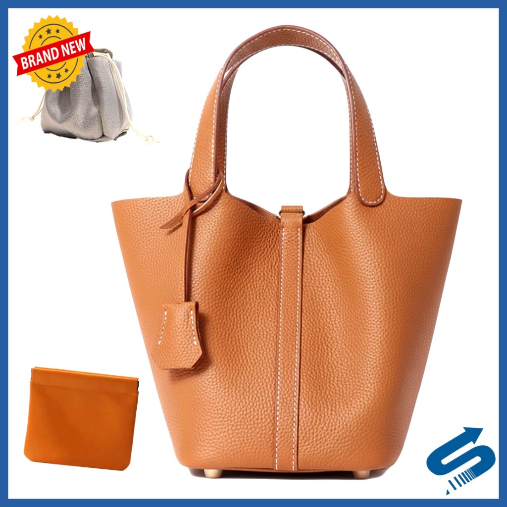 Genuine Leather Bucket Bag With Lock Design, Versatile Shoulder Satchel Handbag